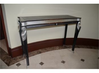 A-Custom Solid Quality Entrance Console Table Black/silver Inlay Leather Wood Silver Accent Details-Slight Rip