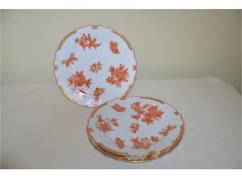 (#35) Herend Fortuna Orange Butterflies Rust 10' DINNER PLATE 4 Of Them Hungary Hand-painted