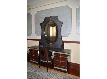 Custom Quality VANITY Black / Silver Leather Inlay Top Silver Accent Details With Mirror & Silk Fabric Chair