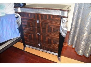 Custom Quality NIGHT STANDS (2) Black/silver Inlay Leather Top Silver Wood Details