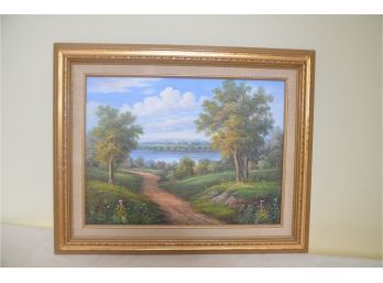 (#15) Framed Landscape Painting Signed W. Hampton On Canvas 20.5x16.5
