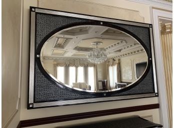 Large Center Oval Beveled Mirror Wood Frame Silver Accent Detail