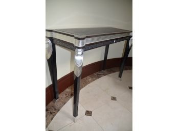 B-Custom Solid Quality Entrance Console Table Black/silver Inlay Leather Wood Silver Accent Details-Slight Rip