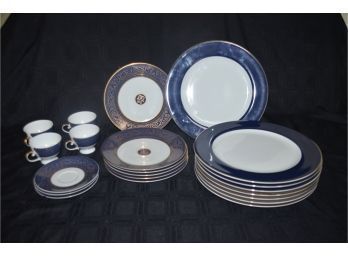 (#99) Philippe Deshoulieres Porcelaine DeLimoges France Blue/silver/gold Rim - Dinner China Set - See Details