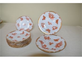(#36) Herend Fortuna Orange Butterflies Rust 2 SALAD PLATE, 8 BREAD AND BUTTER Plate  Hungary Hand-painted