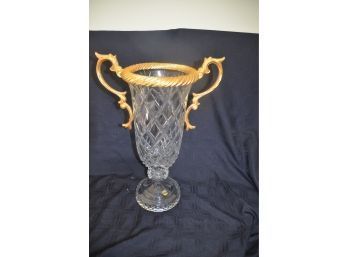 (#12) Cristallo 24 Percent Lead Crystal Vase Gold Brass Trim And Handle 18.5'H