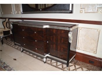 Custom Solid Quality Buffet Server Table Black/silver Inlay Leather Wood Silver Accent Details
