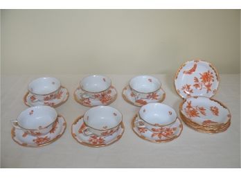 (#38) Herend Fortuna Orange Butterflies Rust 6 CUPS AND SAUCERS Hungary Hand-painted