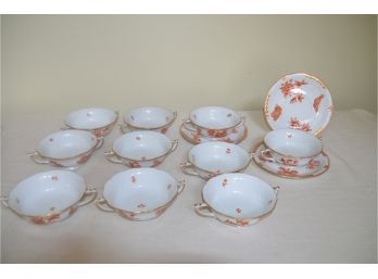 (#37) Herend Fortuna Orange Butterflies Rust 10 CREAM SOUP BOWL, 3 SAUCERS  Hungary Hand-painted