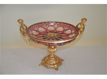 (#5) Cristallerie Montbronn Compote Pedestal Bowl Lead Crystal Hand Cut Bohemian Cranberry Glass And Brass