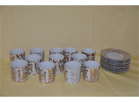 (#8) Espresso Cup And Saucer White / Gold Set Of 12