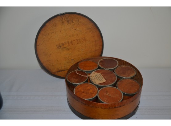 (#49) Rare Antique Spice Box Complete With Spice Containers 1858 Patent Package Wood And Tin Round, 10' Orig.