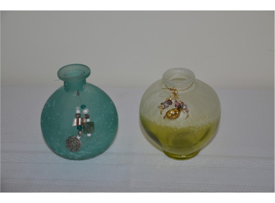 (#68) Faded Glass Bud Vases Beaded Accent (2)
