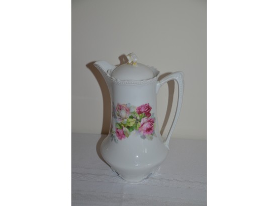 (#92) P.K. Silesia Pink Rose Floral Porcelain Tea / Coffee Pot (lid Topper Re-glued)