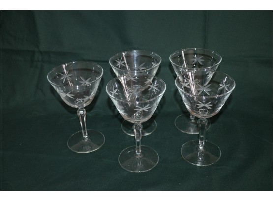 (#141) Vintage MCM Crystal Wine Glasses Etched Burst Glasses (5)