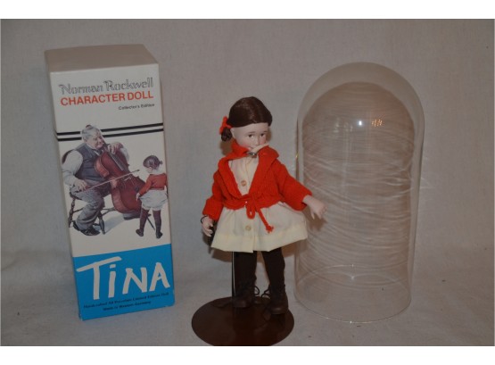 (#64B) Norman Rockwell Character Doll 'Tina' With Stand, Glass Dome And Box