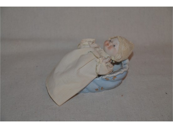 (#58B) Mini Bisque Baby Doll Porcelain Cradle