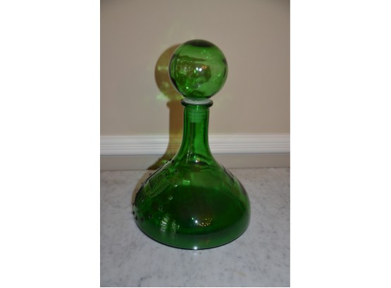 (#1B) Green Glass Decanter Raised Print Freedom For Our Ship And Eagle Design 12'H