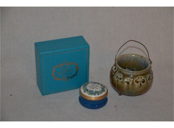 (#43B) Trinket Enamel Box 'when This You See Remember Me' And Mini Porcelain Cauldron
