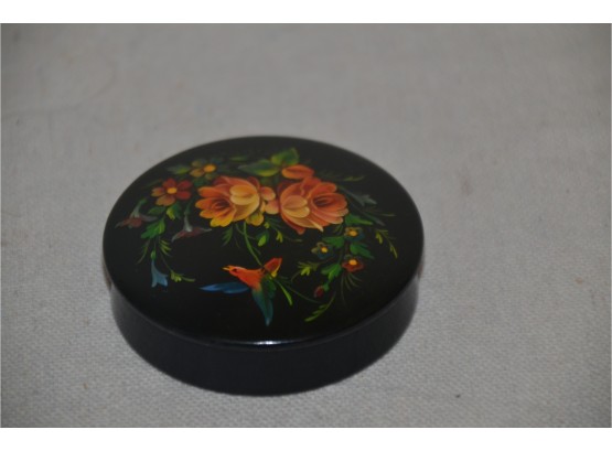 (#38B) Round Russian Hand-painted Floral Design Lacquer Trinket Box 2'