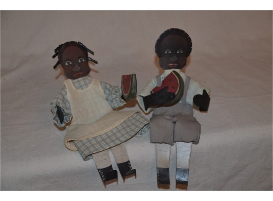 (#69B) Vintage Metal Sit Of Shelf Hand Painted African Boy And Girl Signed Young 1986