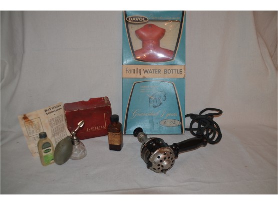 (#33B) Vintage Medicine Cabinet Items - Rare White Cross Electric Vibrator Massager, Hot Water Bottle, Spirits