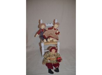 (#66B) Doll Chair With 3 Hand-made Dolls