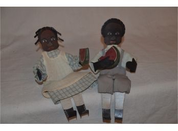 (#69B) Vintage Metal Sit Of Shelf Hand Painted African Boy And Girl Signed Young 1986