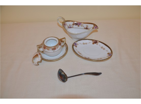 (#13) Vintage Nippon Gravy Boat And Condiment Set, Silver Plate Ladle