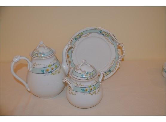 (#18) Vintage Serving Coffee / Tea Set Porcelain Mint Green Stripe Floral Design Detail  - 3 Pieces