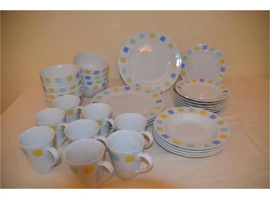(#1) Crate And Barrel Everyday Dish Set White Plate W/green, Aqua, Yellow, Blue, Peach Detail Colors  - 32 Pc