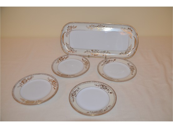 (#8) Vintage Nippon Hand-painted 5 Piece Serving Set - Tray And 4 Dessert Plates