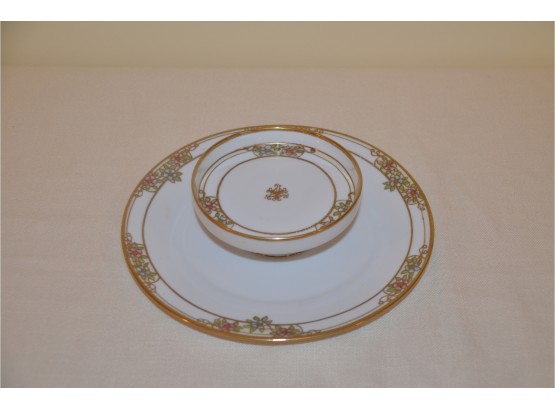 (#7) Vintage Nippon Gold Gilt Pink Floral Hand-painted Attached Chip Dip Tidbit Server  9' Round