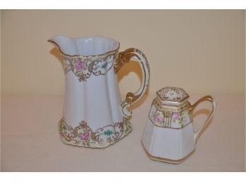 (#20) Vintage Nippon Hand-painted Sugar Shaker 4.5'H And No Brand Pitcher 7'H