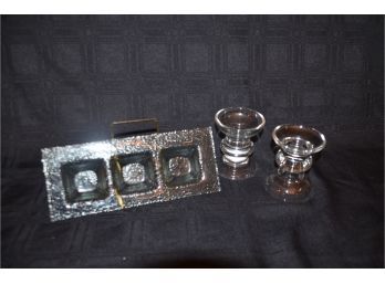 (#61) Rectangular Glass Servicing Condiment Platter 9' And Reversible Glass Candle Holder 3.5'h