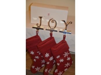 (#107) NEW Pottery Barn JOY Christmas Mantel Stocking Holder And Stockings