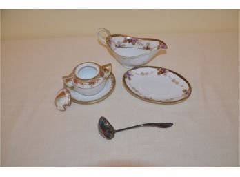 (#13) Vintage Nippon Gravy Boat And Condiment Set, Silver Plate Ladle