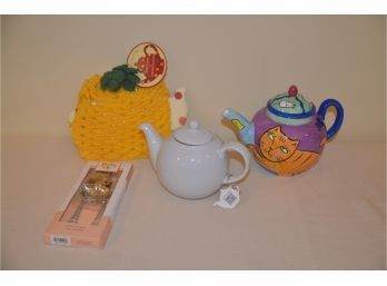 (#105) Tea Time Set: Hand-painted Tea Pot, White Ceramic Tea Pot, Cozy Tea Pot Cover
