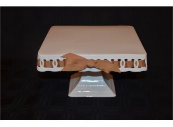 (#41) White Porcelain Pedestal Cake Server Ribbon Detail 10x10