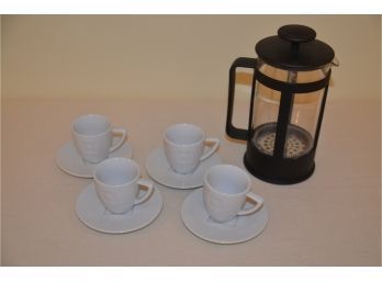(#63) Bodum French Press (plastic Base / Glass ) And 4 Nespresso Expresso Cup And Saucers