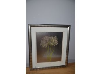 (#79) Ethan Allen Silver / Gold Framed Flower Print 30x35 (bottom Corner Glass Cracked)