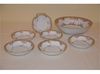 (#3) Vintage Nippon 7 Piece Berry Bowl Set Hand-painted Pink Floral Gold Accent