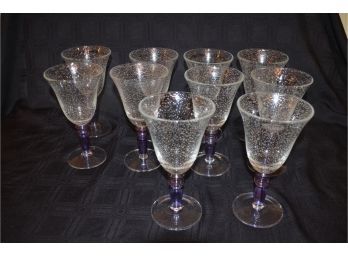 (#55) Pottery Barn 10 Hand Blown Blue Stem Water Goblets Air Bubble Glass Poland