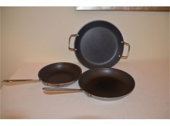 (#98) All Clad 2 Frying Pans 10' And 12', Calpholon Griddle Pan