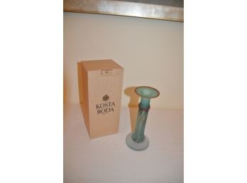 (#64) Kosta Boda Art Glass Pandora Green Glass Candle Stick Holder With Box