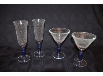(#56)  Pottery Barn 4 Hand Blown Blue Stem Martini And Champagne Flute Air Bubble Glass Poland