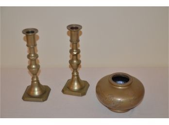 (#68) Pair Of Brass Candle Stick Holders And Brass Asian Vase