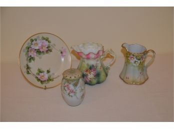 (#25) Nippon Hand-painted Gold Border Creamer, No Brand Sugar Shaker, Hand-painted Plate And Pitcher