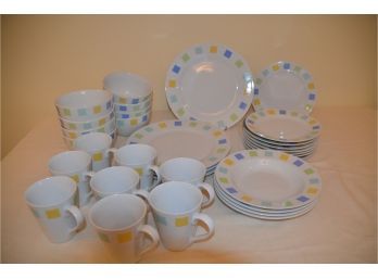 (#1) Crate And Barrel Everyday Dish Set White Plate W/green, Aqua, Yellow, Blue, Peach Detail Colors  - 32 Pc