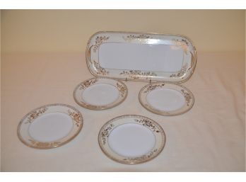(#8) Vintage Nippon Hand-painted 5 Piece Serving Set - Tray And 4 Dessert Plates